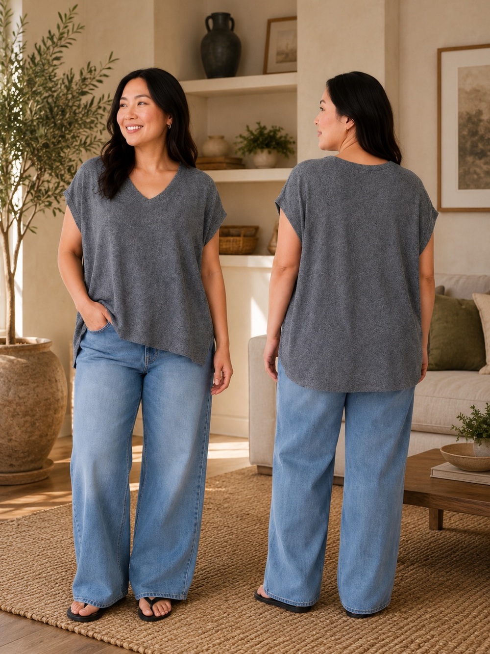 Eileen Fisher Heathered Gray V-Neck Short Sleeve Knit Top